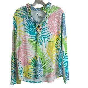 G Lifestyle Women's XL Pink Blue Tropical Leaves Ruffle Golf Long Sleeve Shirt